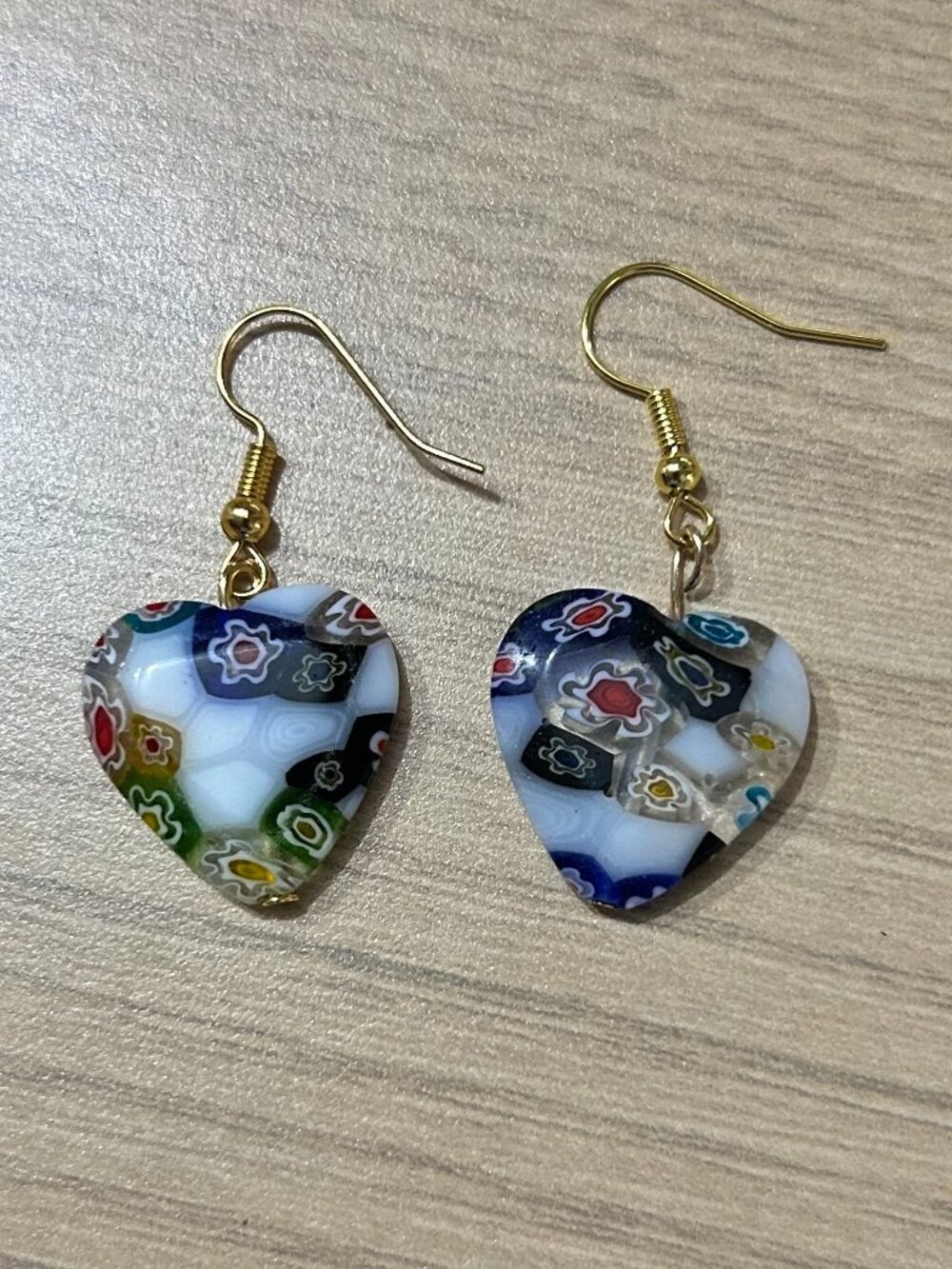 Vintage Murano Style Millefiori Glass Heart Dangle Earrings Gold Tone
